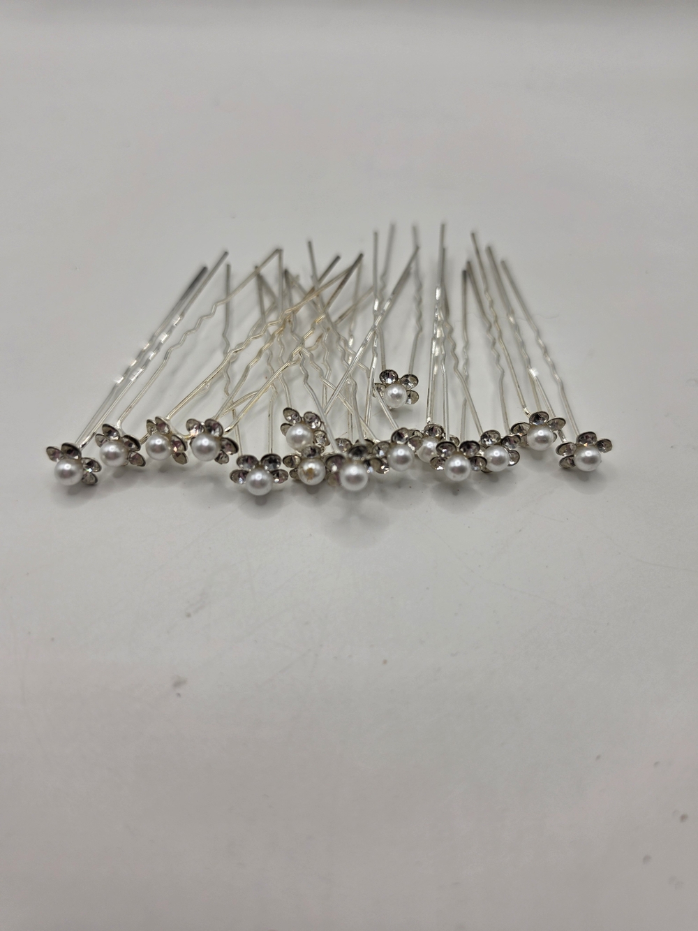 Set Of 16 Silver Pearl Flower Crystal Bobby Pins - Set of Decorative Hair Pins